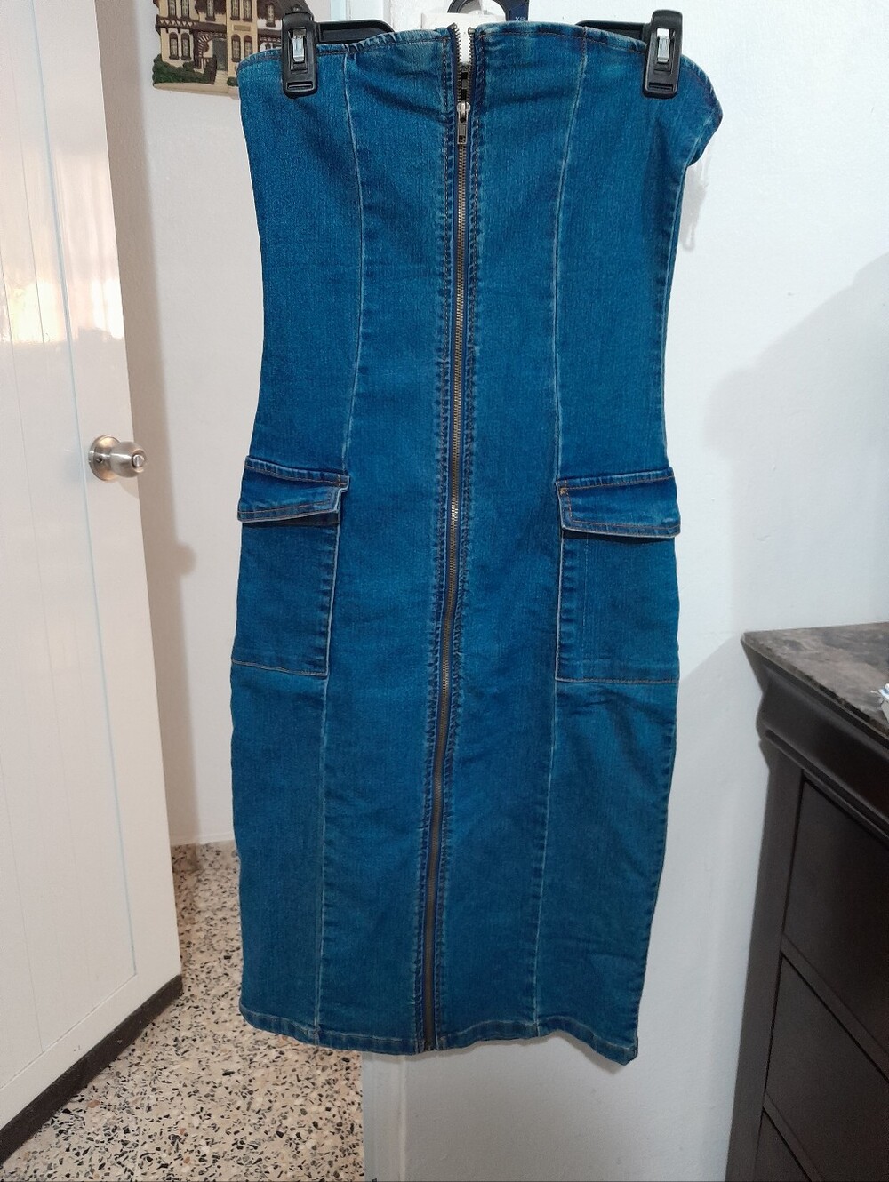 Strapless Denim Midi Dress with Front Zip - Blue